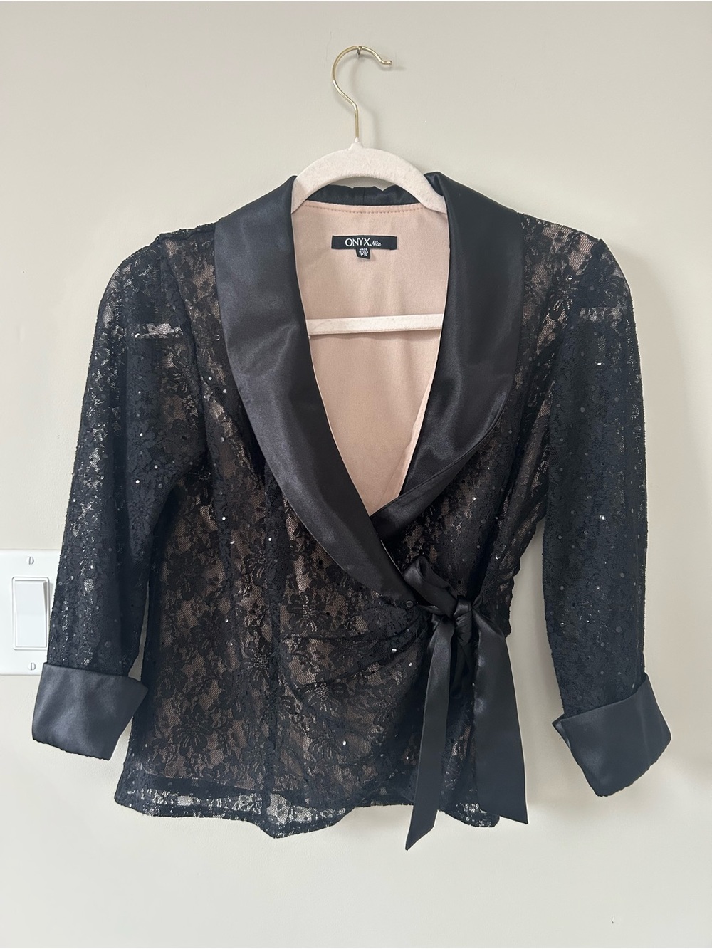Onyx Nite Black Lace Wrap Blouse with Satin Trim